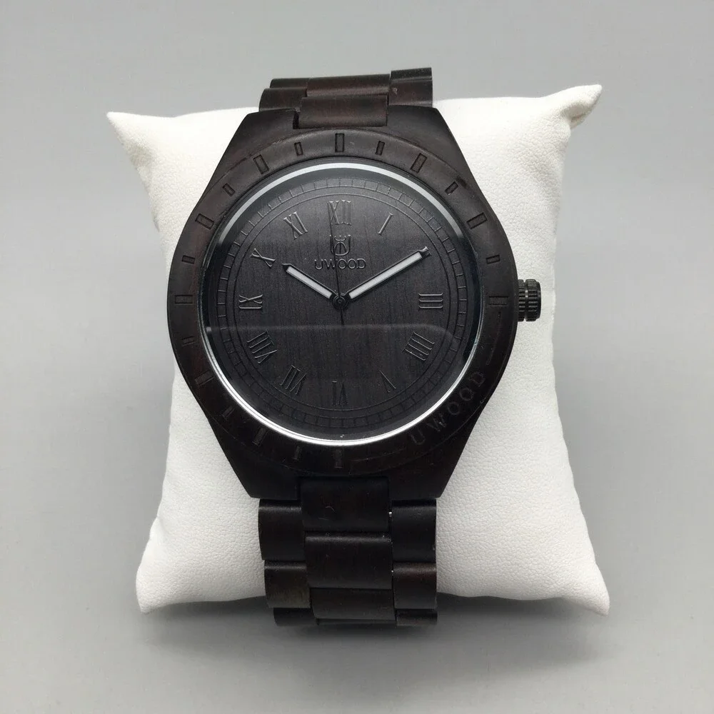 UWOOD Mens Watch 49mm Dark Brown Wooden Dial Wood Bracelet New Battery 8